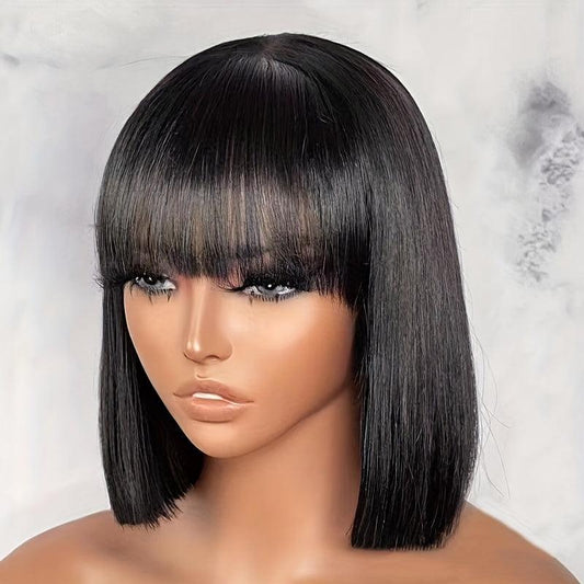 Short Straight Bob Cut Wig With Bangs Synthetic Wig Heat Resistant
