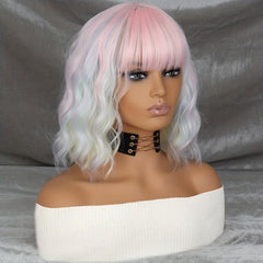 Medium Wavy Rainbow Wig Bob Wig With Bangs
