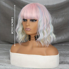 Medium Wavy Rainbow Wig Bob Wig With Bangs