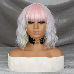 Medium Wavy Rainbow Wig Bob Wig With Bangs