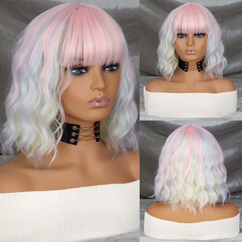 Medium Wavy Rainbow Wig Bob Wig With Bangs