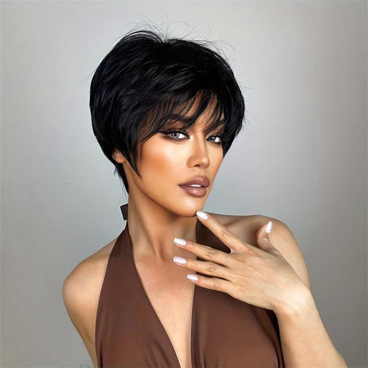 Short Straight Wigs With Bangs Synthetic Pixie Cut Wigs Natural Look