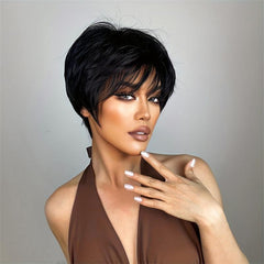 Short Straight Wigs With Bangs Synthetic Pixie Cut Wigs Natural Look