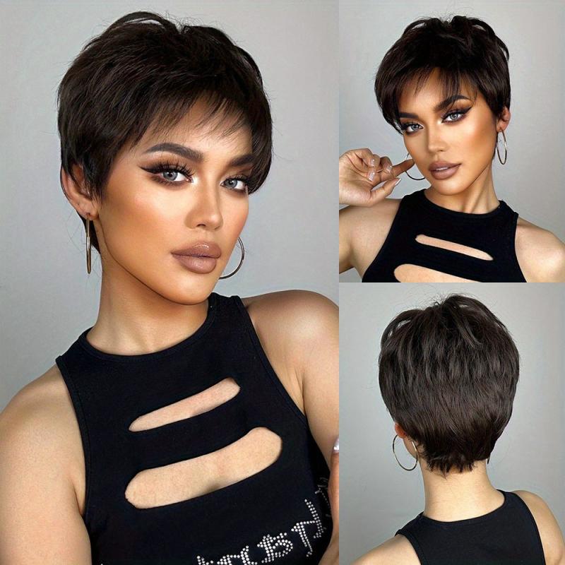 Short Straight Wigs With Bangs Synthetic Pixie Cut Wigs Natural Look