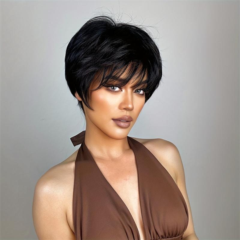 Short Straight Wigs With Bangs Synthetic Pixie Cut Wigs Natural Look