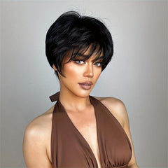 Short Straight Wigs With Bangs Synthetic Pixie Cut Wigs Natural Look