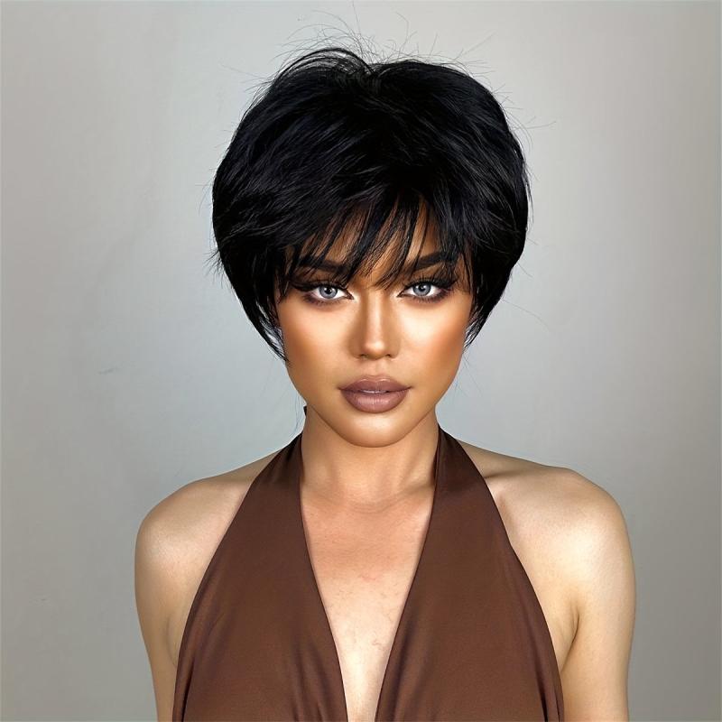 Short Straight Wigs With Bangs Synthetic Pixie Cut Wigs Natural Look