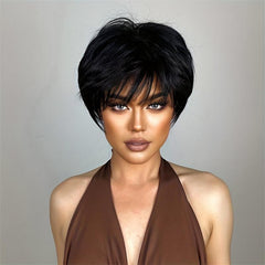 Short Straight Wigs With Bangs Synthetic Pixie Cut Wigs Natural Look
