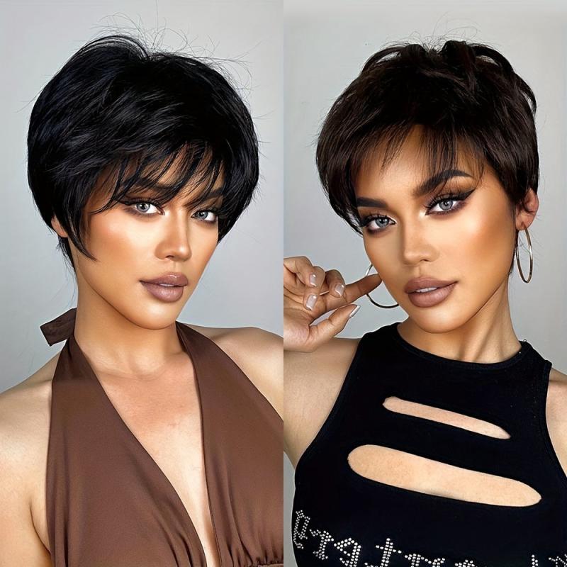 Short Straight Wigs With Bangs Synthetic Pixie Cut Wigs Natural Look
