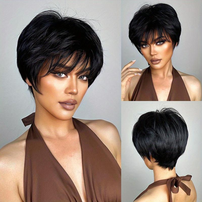 Short Straight Wigs With Bangs Synthetic Pixie Cut Wigs Natural Look