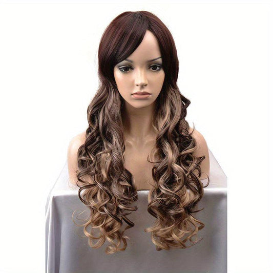 Dark Green Ombre Orange Long Curly Wavy Synthetic Hair Wig for Women
