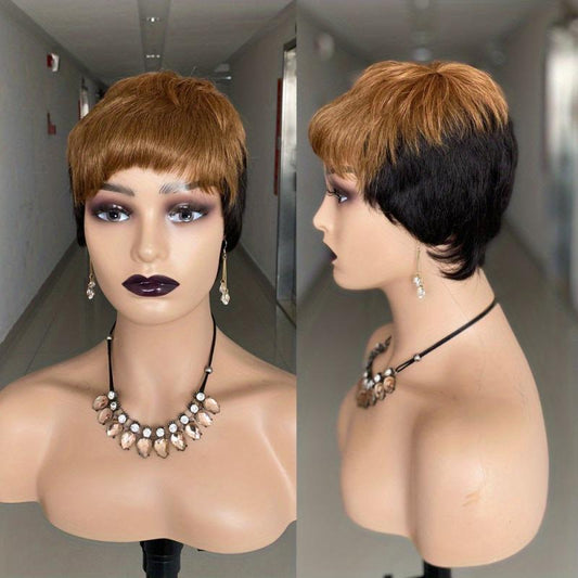 Red Pixie Cut Wig Human Hair Bob Wig with Bangs