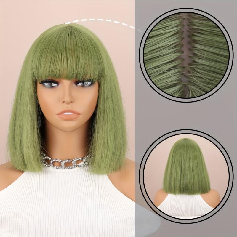 Green Burgundy Mixed Short Straight Wig With Bangs