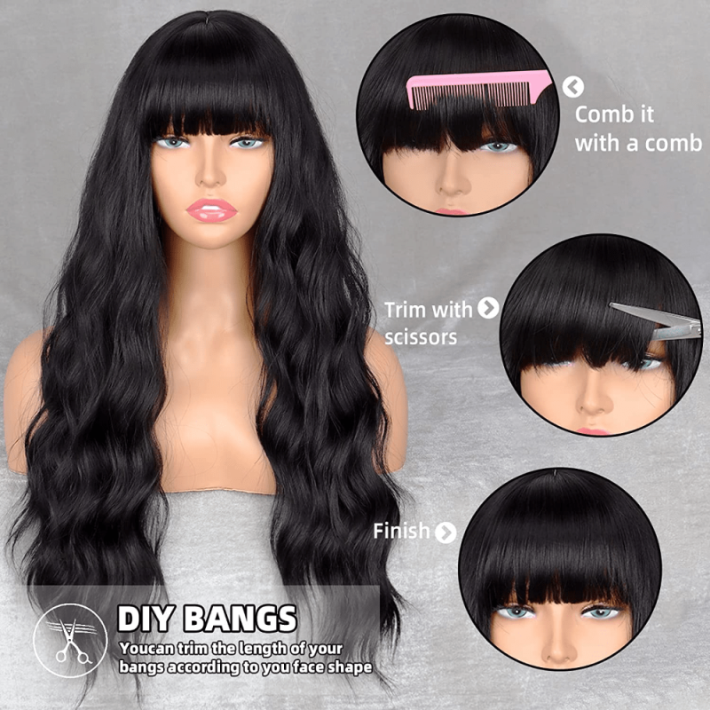 Long Wavy Wig with Bangs Synthetic Hair