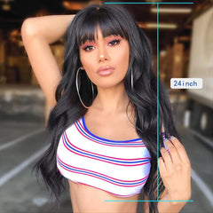 Long Wavy Wig with Bangs Synthetic Hair