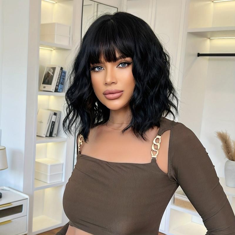 Short Curly Bob Cut Wig With Bangs Synthetic Wig Heat Resistant