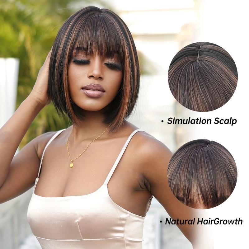 Short Bob Straight Blonde Highlight Wigs With Bangs Synthetic Fiber Wigs