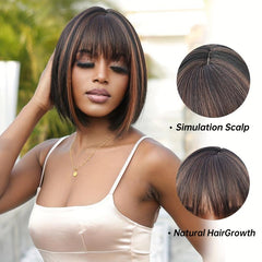 Short Bob Straight Blonde Highlight Wigs With Bangs Synthetic Fiber Wigs