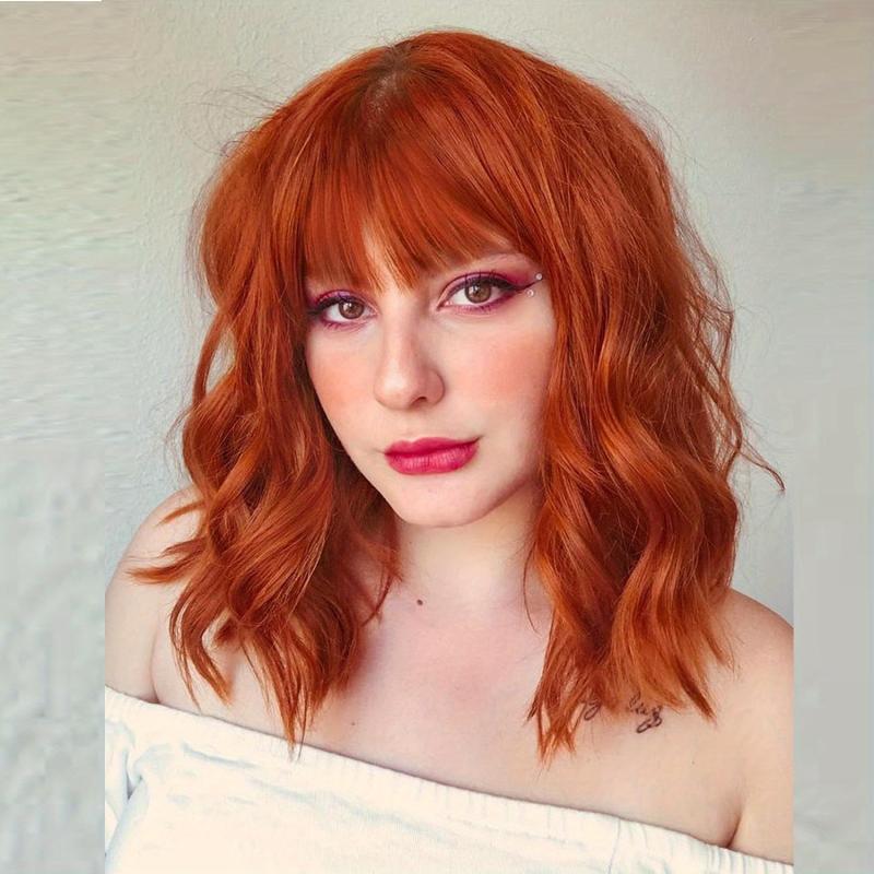 Short Shoulder Length Bob Curly Synthetic Wig with Bangs