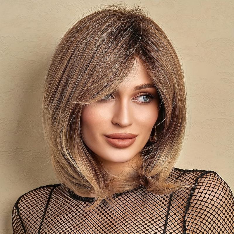 Blonde Brown Short Bob Wigs Curly Wavy Hair Wig Heat Resistant Synthetic Natural