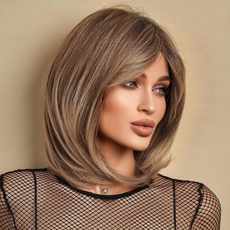 Blonde Brown Short Bob Wigs Curly Wavy Hair Wig Heat Resistant Synthetic Natural