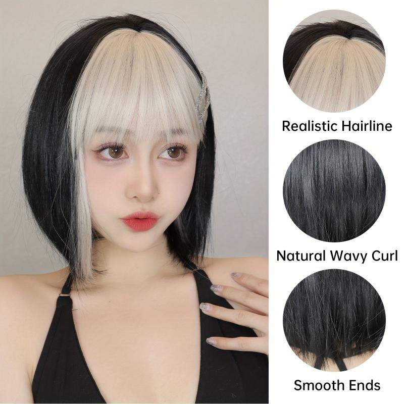 Short Bob Wig With Bangs Two Tone Natural Straight Synthetic Short Lolita Wig
