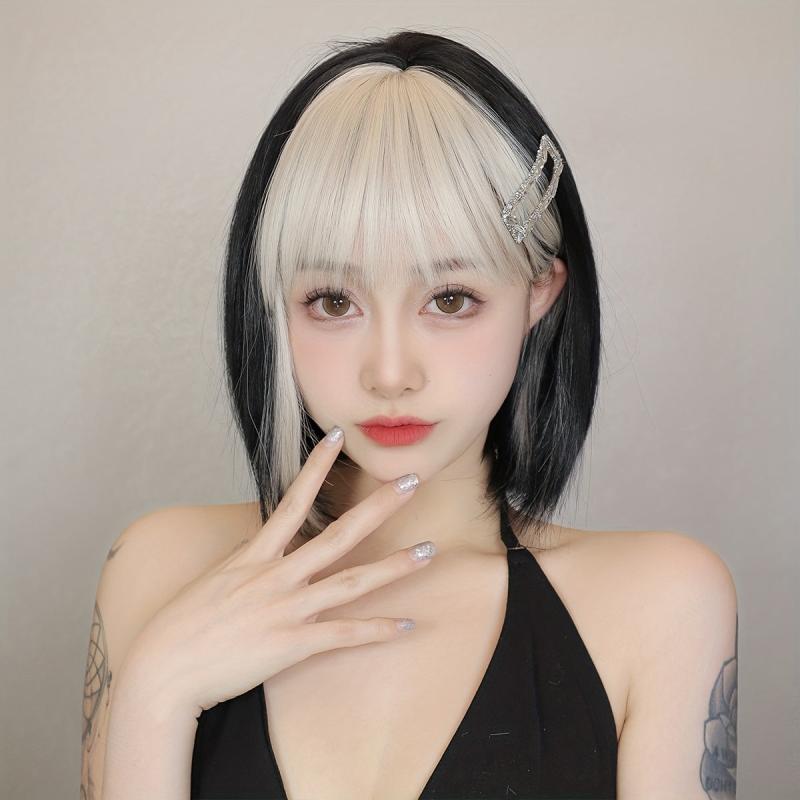 Short Bob Wig With Bangs Two Tone Natural Straight Synthetic Short Lolita Wig