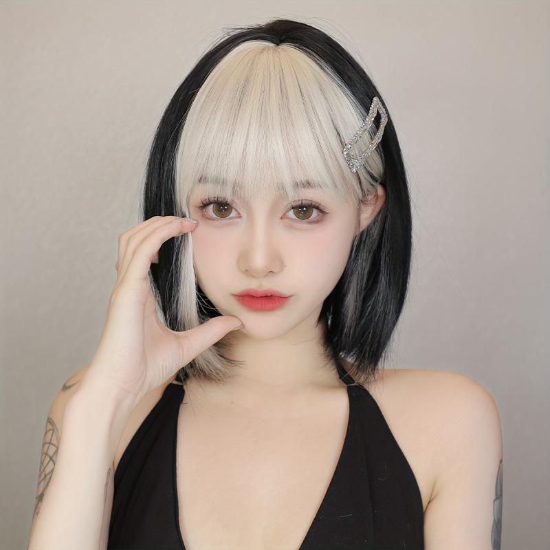 Short Bob Wig With Bangs Two Tone Natural Straight Synthetic Short Lolita Wig