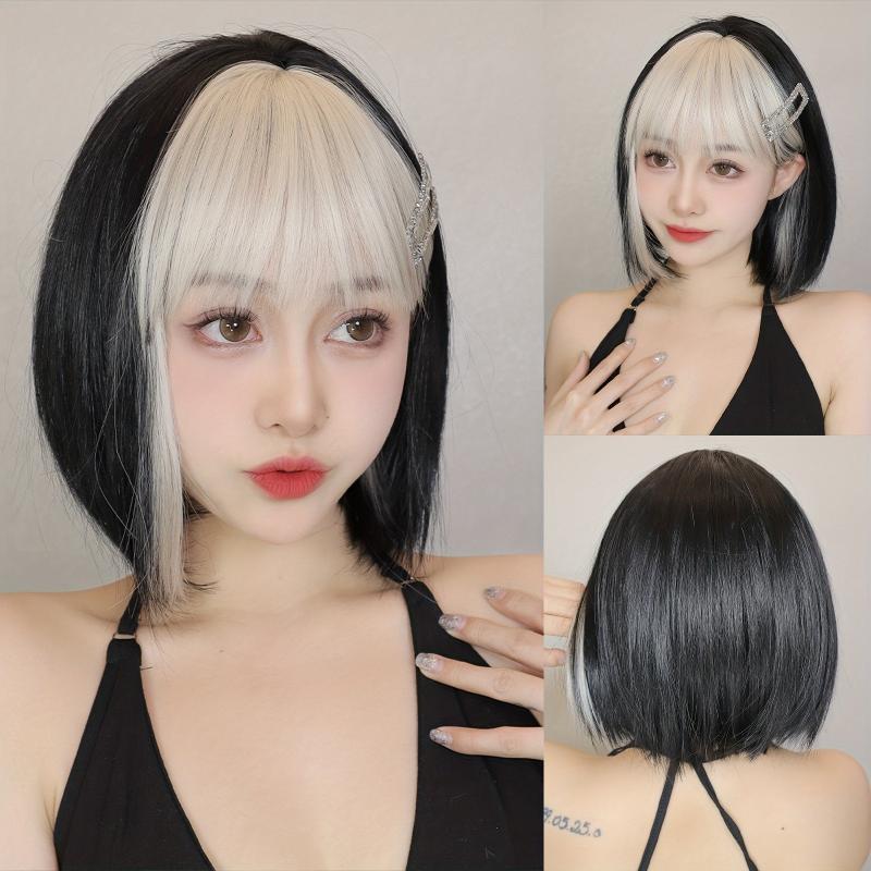 Short Bob Wig With Bangs Two Tone Natural Straight Synthetic Short Lolita Wig
