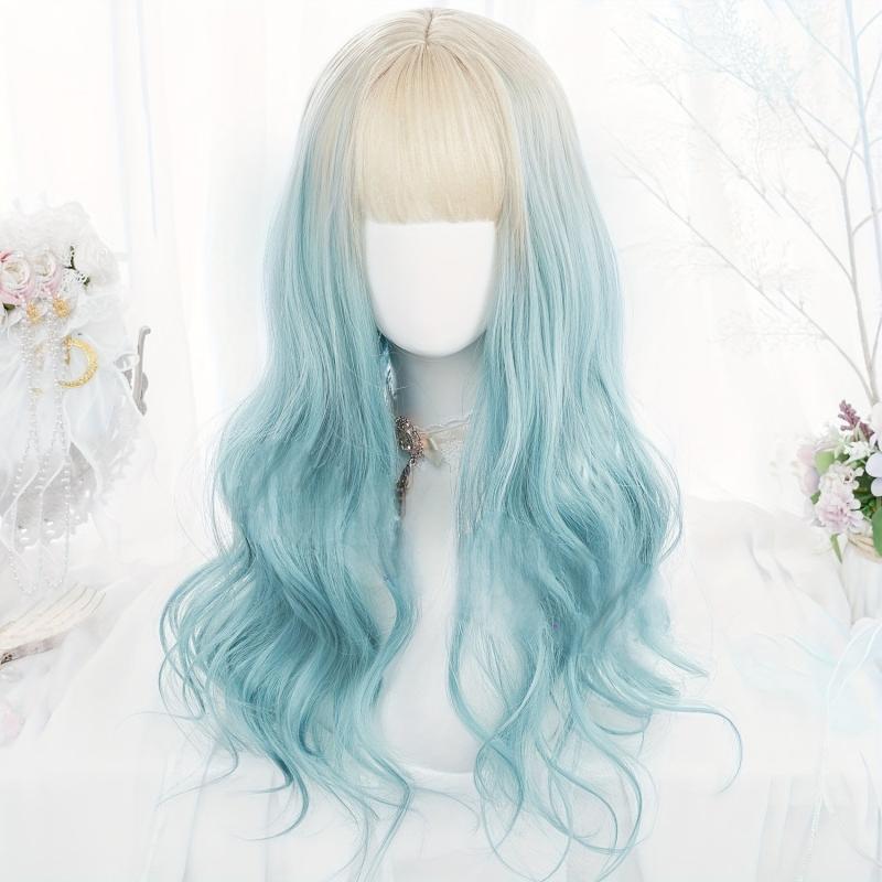 Long Straight Blonde Pink Wig with Ponytail Bangs