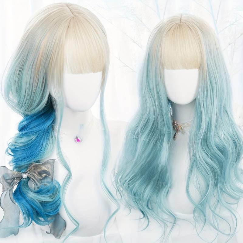 Long Straight Blonde Pink Wig with Ponytail Bangs