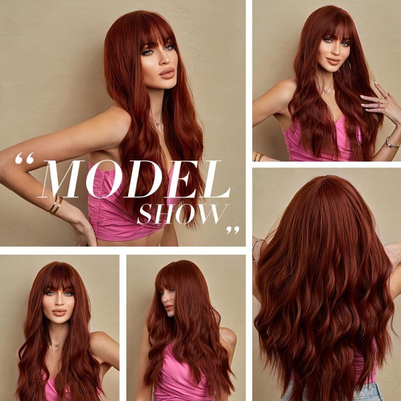Long Wavy Wig With Bangs Red Brown