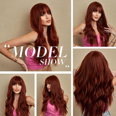 Long Wavy Wig With Bangs Red Brown