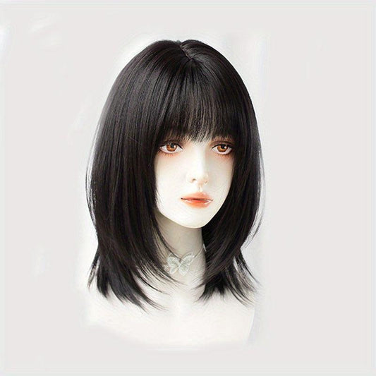 Medium Straight Layered Bob Wig With Bangs Synthetic Wig