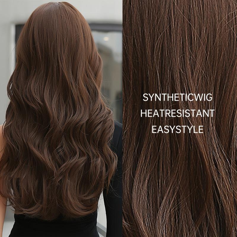 Long Brown Wig for Women with Bangs Wavy Curly Synthetic Hair
