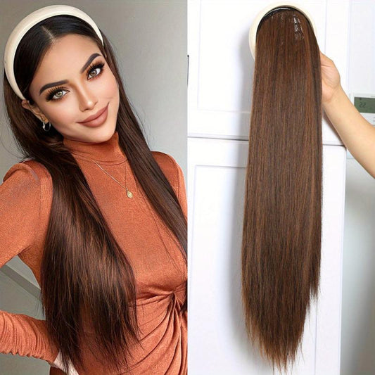 Long Straight Headband Wig Synthetic Brown Half Wig