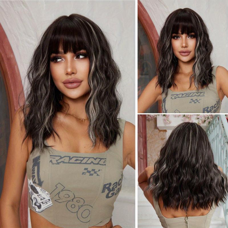 Medium Wave Wigs Synthetic Hair Wig With Bangs Heat Resistant Fiber