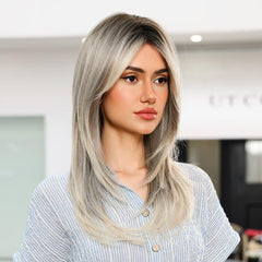 Ombre Straight Wig Layered Hair Dark Roots Middle Part Synthetic Wig