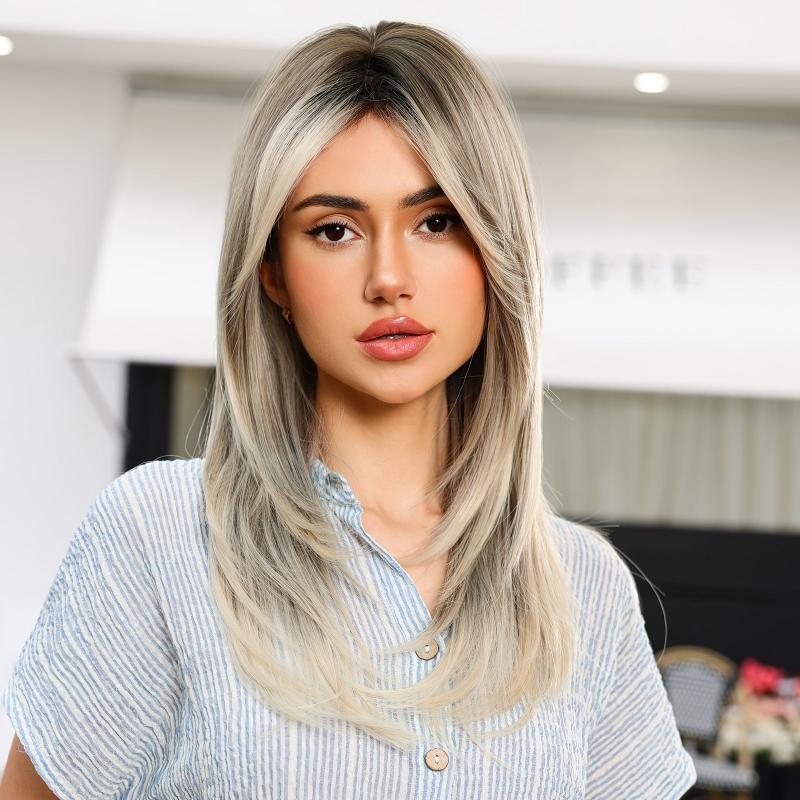 Ombre Straight Wig Layered Hair Dark Roots Middle Part Synthetic Wig