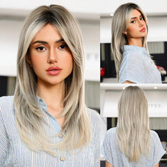 Ombre Straight Wig Layered Hair Dark Roots Middle Part Synthetic Wig
