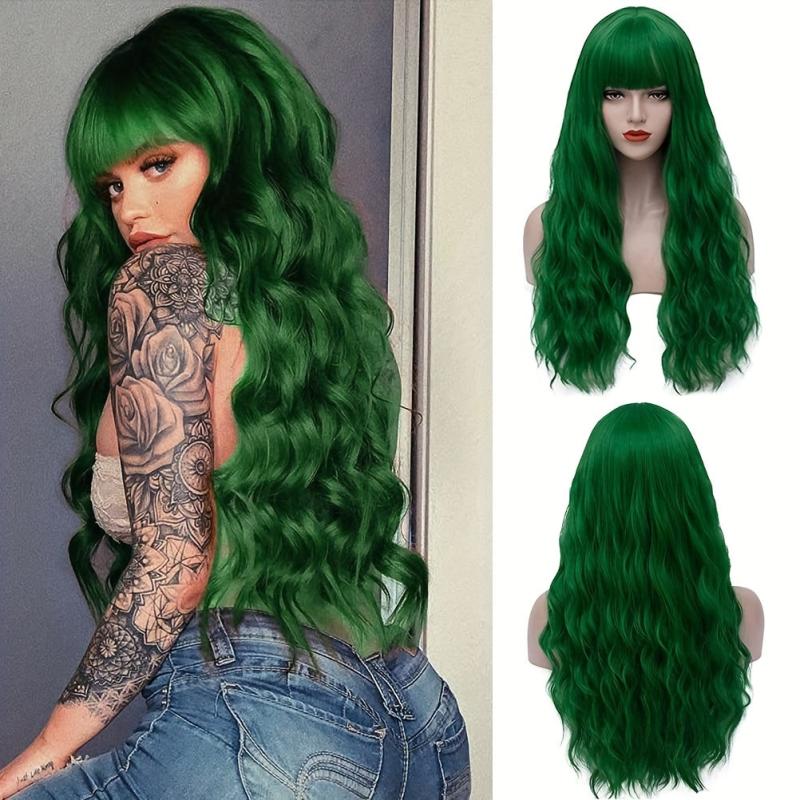 Green Long Wavy Wig with Bangs for Women
