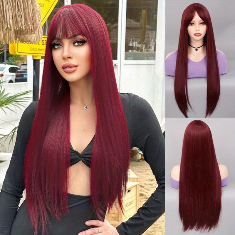 Long Straight Deep Red Cosplay Wig with Bangs