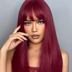 Long Straight Deep Red Cosplay Wig with Bangs