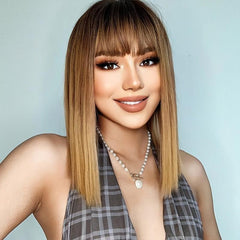 Long Curly Wavy Brown Wig With Bangs 14 Inch