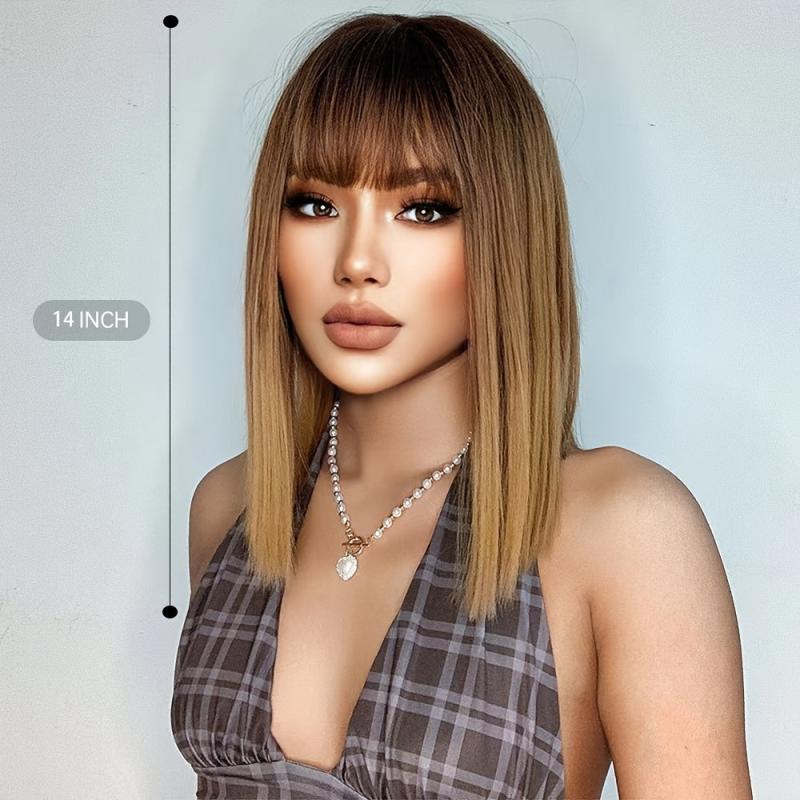 Long Curly Wavy Brown Wig With Bangs 14 Inch