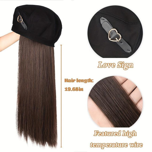 Long Straight Hair Beret Wig with Octagonal Hat for Women