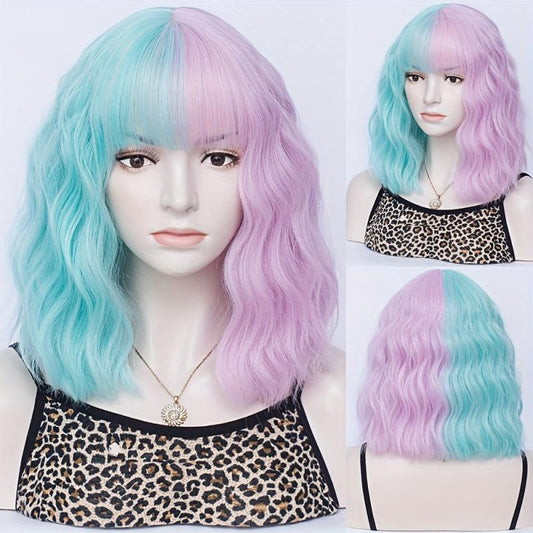 Two Tone Short Curly Wig with Bangs - Shoulder Length Synthetic Split Wig