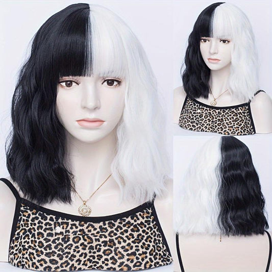 Two Tone Short Curly Wig with Bangs - Shoulder Length Synthetic Split Wig