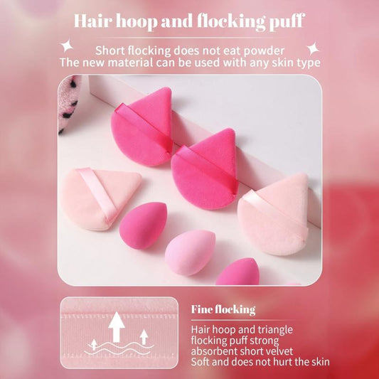 10pcs Pink Makeup Kit Triangle Puff Sponge & Leopard Print Headband Set