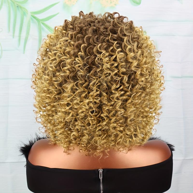 Golden Afro Curly Wig with Bangs Short Kinky Synthetic Wig for Women
